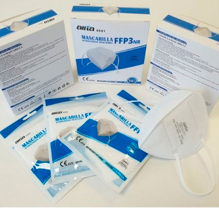 Mascarilla FFP3 adulto en color blanco con su caja y embalaje originales