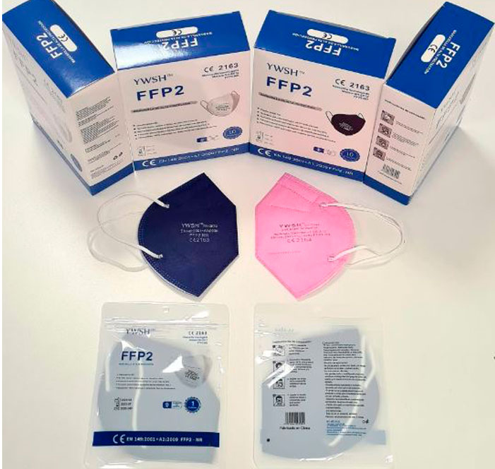 Mascarillas FFP2 azul marino y rosa con su caja y embalaje originales