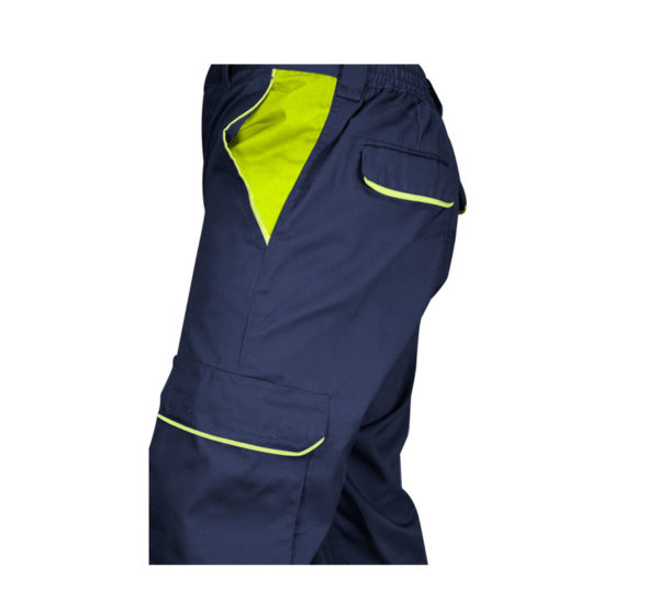 Detalle de pantalón de trabajo estretch elástico marino amarillo alta visibilidad