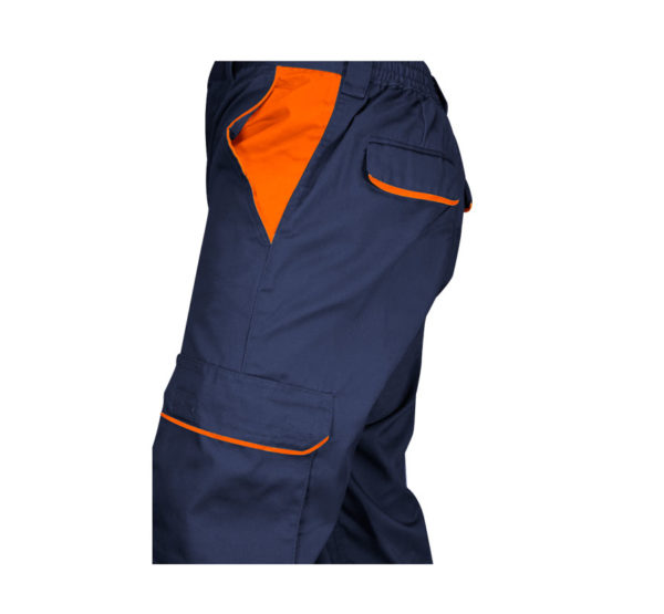 Detalle de pantalón de trabajo estretch elástico marino naranja alta visibilidad
