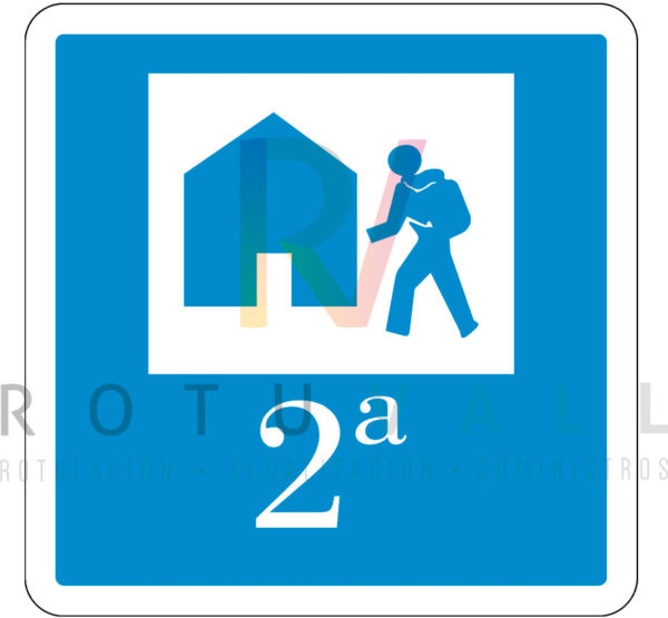 Placa de albergue turístico de segunda categoría de Galicia fondo blanco pictogramas en azul