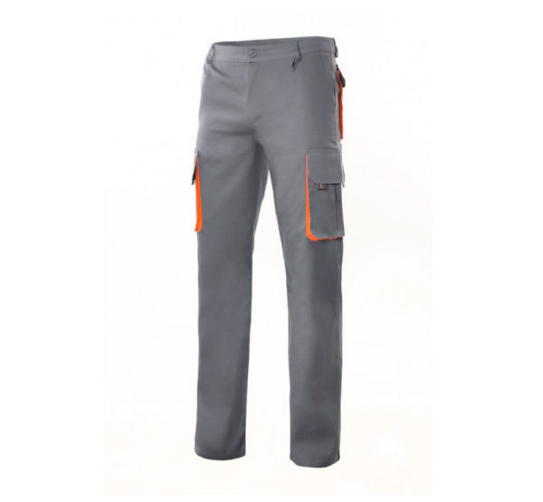 Pantalón de trabajo multibolsillos gris y naranja marca Velilla