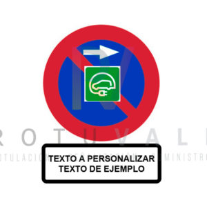 señal de estacionamiento prohibido a la derecha excepto coche eléctrico con panel con texto personalizable