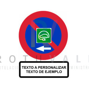 señal de estacionamiento prohibido a la izquierda excepto coche eléctrico con panel con texto personalizable