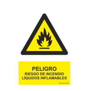 Señal de advertencia de peligro riesgo de incendio líquidos inflamables con pictograma y texto