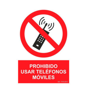 Señal prohibido usar teléfonos móviles cartel con pictograma y texto