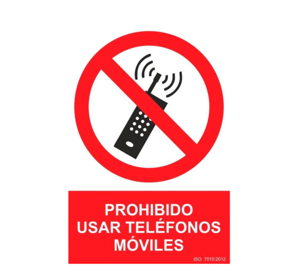 Señal prohibido usar teléfonos móviles cartel con pictograma y texto