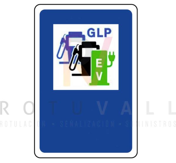 señal de tráfico de estación de servicios con surtidor de carburante, GLP y recarga eléctrica