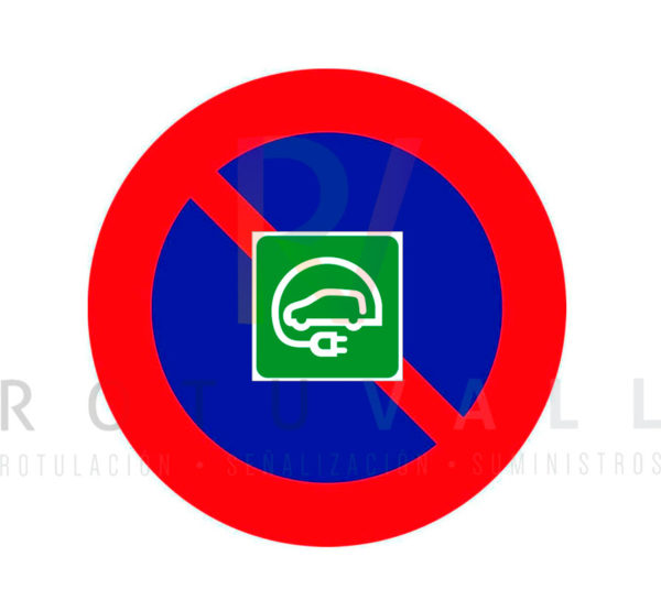 Señal económica estacionamiento prohibido excepto coche eléctrico