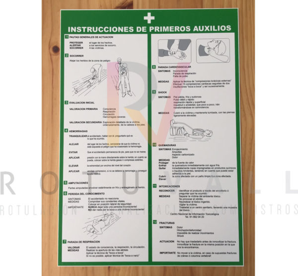Detalle cartel instrucciones primeros auxilios Rotuvall