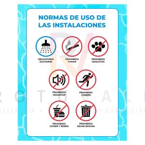 Cartel piscina normas uso de las instalaciones prohibiciones y obligaciones