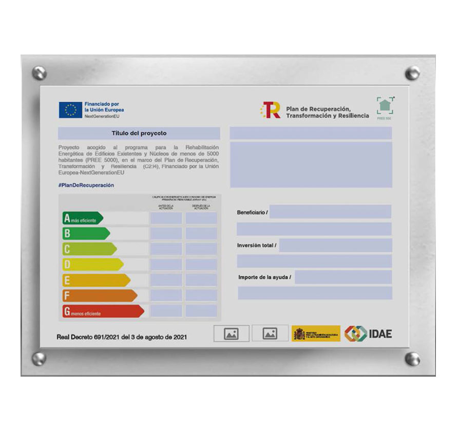 Cartel bilingüe actuciones plan Rehabilitación Energética de Edificios PREE 5000