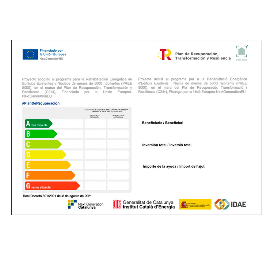 Cartel actuaciones PREE5000 Programa de ayudas a la rehabilitación energética de edificios Generalitat de Catalunya