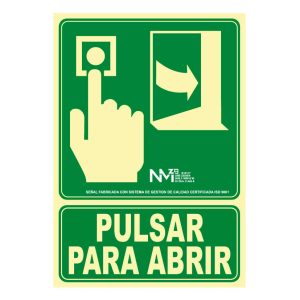 Señal de evacuación pulsar para abrir texto y pictograma