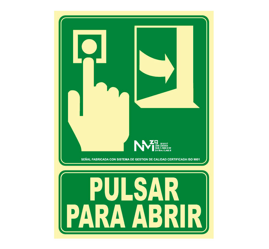 Señal de evacuación pulsar para abrir texto y pictograma