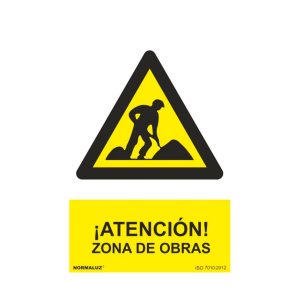 Señal atención zona de obras, cartel advertencia de peligro