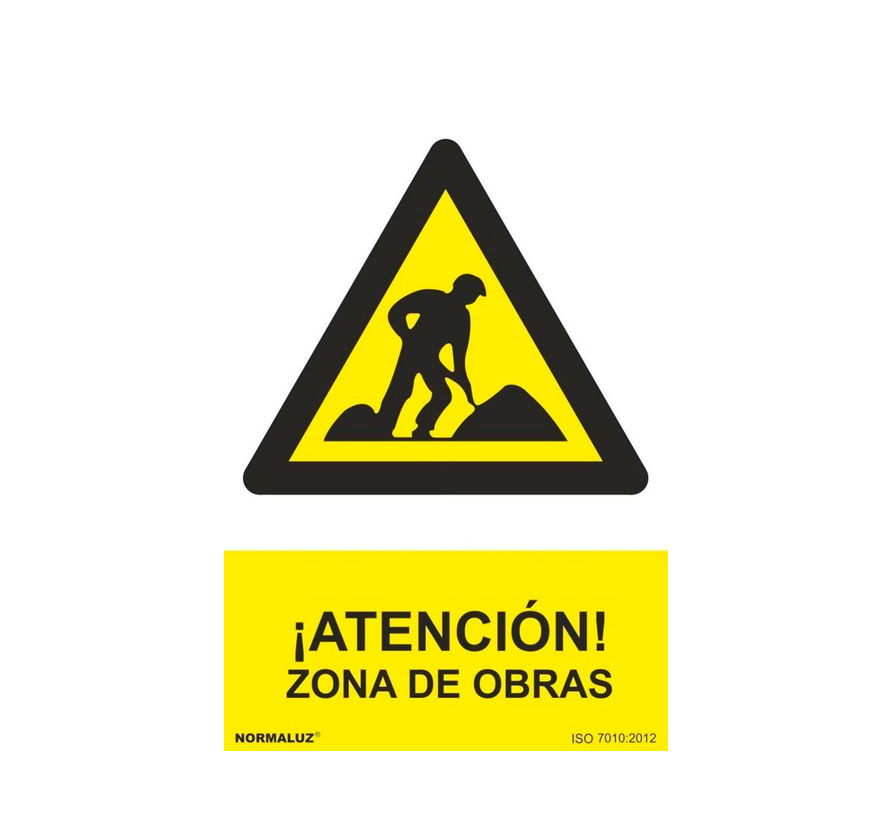 Señal atención zona de obras, cartel advertencia de peligro