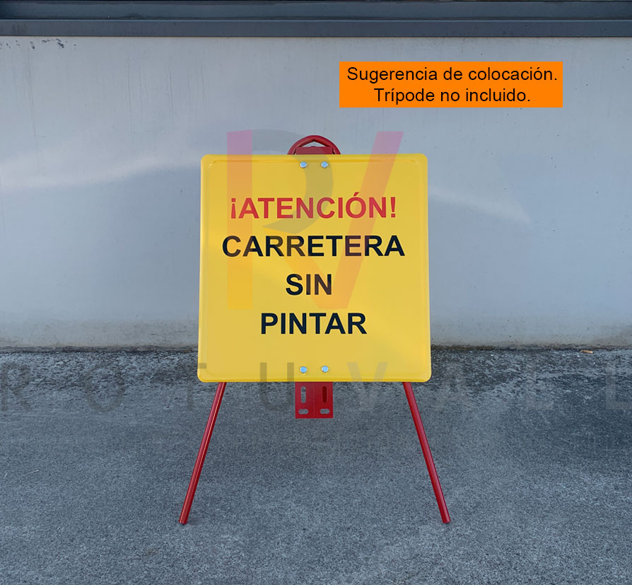 Señal obra atención carretera sin pintar con trípode