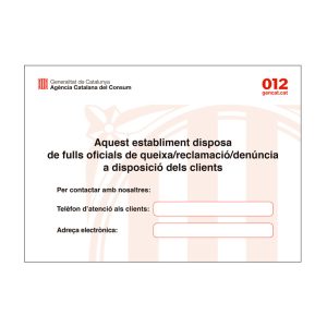 Cartel informativo de hojas de reclamaciones con espacios personalizables para establecimientos de Cataluña
