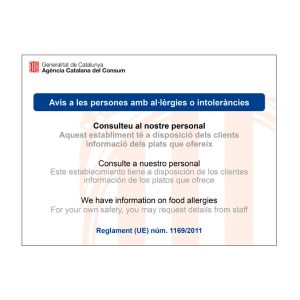 PLACA AVISO A PERSONAS CON ALERGIAS O INTOLERANCIAS CATALUÑA AVÍS PERSONES AL-LÈRGIES O INTOLERÀNCIES