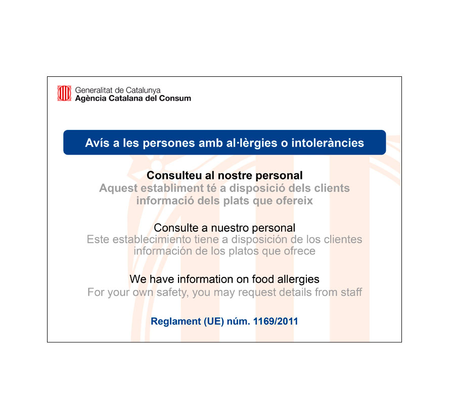 PLACA AVISO A PERSONAS CON ALERGIAS O INTOLERANCIAS CATALUÑA AVÍS PERSONES AL-LÈRGIES O INTOLERÀNCIES